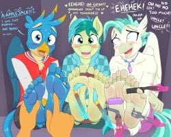 blush caroo english_text friendship_is_magic gallus_(mlp) heart my_little_pony my_little_pony_friendship_is_magic no_visible_genitalia sandbar_(mlp) sweat tears terramar_(mlp) text tickle_torture tickling tickling_feet toe_rings toes_tied