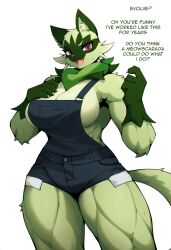 absurd_res ai_generated anthro big_breasts bottomwear breasts cleavage clothed clothing denim facial_tuft felid feline female floragato fur generation_9_pokemon green_body green_fur hellsonger hi_res looking_at_viewer mammal muscular muscular_anthro muscular_female neck_tuft nintendo open_mouth overalls pokemon pokemon_(species) red_eyes shorts simple_background solo sweat text thick_thighs tuft white_background