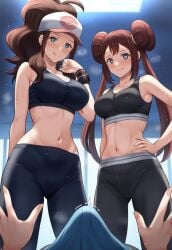 1boy 2girls ai_generated bare_shoulders big_breasts black_sports_bra black_yoga_pants bulge erection hand_on_hip heart_eyes highres hilda_(pokemon) looking_at_viewer looking_down lustful_gaze midriff pokemon pokemon_trainer pov pov_hands rosa_(pokemon) seductive_smile smile sports_bra sweat tongue trembling yoga_pants