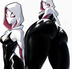 ai_generated alternate_ass_size ass_focus back_view bbw cowboy_shot e fat_ass female_focus female_only from_behind from_below front_view gwen_stacy huge_ass looking_down low-angle_view marvel marvel_comics pawg plump_ass simple_background spider-gwen spider-man:_across_the_spider-verse superheroine thick_thighs