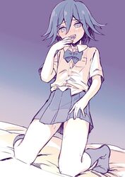 1boy ambiguous_gender blush clothing crossdressing cum cum_on_body danganronpa danganronpa_v3 femboy finger_on_mouth girly kokichi_ouma leaking looking_at_viewer looking_pleasured male_only on_bed open_mouth ouma_kokichi purple_eyes skirt_lift socks straight_hair