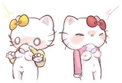 accessory anthro blush bow_ribbon breasts closed_eyes clothed clothing clothing_lift disembodied_hand domestic_cat duo felid feline felis female fur hair_accessory hair_ribbon hairbow hello_kitty hello_kitty_(character) hello_kitty_(series) inverted_nipples kitty_white mammal mimmy_white mouthless nipples o_o raised_clothing raised_shirt raised_topwear ribbons sanrio shirt shirt_up slightly_chubby topwear touboutenshi white_body white_fur