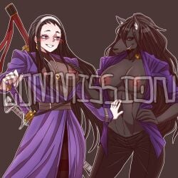 2girls b2k black_background black_hair blush breasts_out comission hairband hand_on_breast hand_on_chest iori_(library_of_ruina) library_of_ruina necklace pointy_chin project_moon purple_eyes purple_robe robe smile smiling sword tanya_(library_of_ruina) wolf_girl wolfgirl yellow_eyes