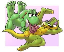 barefoot bodily_fluids crossover cum cum_on_face cumshot curling_toes duo eastern_and_western_character ejaculation feet fellatio female gecko genital_fluids gex_(series) gex_the_gecko gobanire hi_res licking lizard long_tongue looking_at_another male male/female male_only mario_bros nintendo oral penile reptile scalie sex soles spread_toes toes tongue tongue_out tonguejob yoshi yoshi_(character)