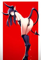 ai_generated black_hair cookie-girl demon_girl demon_horns demon_tail digitigrade equine_pussy from_behind from_behind_position hooves horns horsepussy long_hair looking_at_viewer looking_back looking_back_at_viewer lucie_(oc) medium_breasts naked original_character pointy_ears presenting_anus presenting_ass presenting_pussy pussy_juice red_eyes simple_background smirk smirking_at_viewer