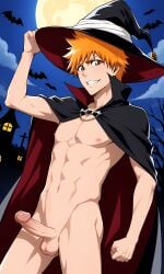 1boy ai_generated bleach erect_penis erection halloween ichigo_kurosaki kurosaki_ichigo nude penis solo_male witch_costume