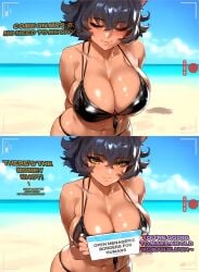 1girls ai_generated beach big_breasts black_hair blush blush cardin_winchester cat_ears catgirl female_focus holding_sign kali_belladonna milf out_of_frame_male recording rwby self_upload sign tanned tanned_skin text video_camera yellow_eyes