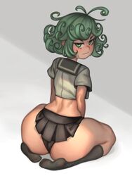 1girls ass big_ass blush bottom_heavy eye_contact female green_eyes green_hair huge_ass kelvin_hiu kneeling large_ass looking_at_viewer looking_back miniskirt narrow_shoulders one-punch_man panties school_uniform short_hair skirt solo stockings tatsumaki thick_ass thick_thighs thighs thin_arms thin_waist tight_clothing