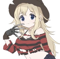 adorable blonde_eyebrows blonde_hair blue_eyes bra bra_peek bra_visible_through_clothes breasts cleavage clothed clothing crop_top cute dark_blue_eyes eyebrows eyelashes fedora freddy_krueger freddy_krueger_(cosplay) hat long_hair midriff navel shorts torn_clothes torn_clothing