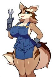 absurd_res ai_generated anthro apron big_breasts breasts brown_body brown_fur canid canine cleavage clothed clothing curvy_figure female female_anthro fur generation_3_pokemon gloves green_eyes hand_on_hip handwear hellsonger hi_res holding_object holding_tool huge_breasts linoone mammal markings overalls simple_background smile solo tan_body thick_thighs tools white_background wide_hips wrench