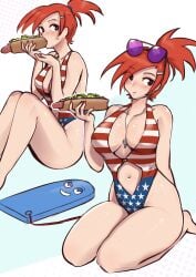 american_flag_swimsuit big_breasts bloo blush breasts cleavage eating female foster's_home_for_imaginary_friends frankie_foster freckles hot_dog kneeling ponytail red_hair shiny_skin sitting sunglasses_on_head thighs_together vialnite whistle_(object) whistle_around_neck