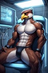 ai_generated anthro athletic avian beak biceps bird bodily_fluids bondage bondage bound cuff_(restraint) falcon falconidabs growth laboratory male muscle_growth muscular muscular_anthro muscular_male pain pecs restraints solo sweat sweating_profusely test_subject