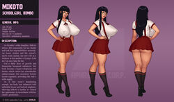 bimbo black_hair black_socks character_sheet english_text female glasses long_hair red_skirt suspenders text vitalis