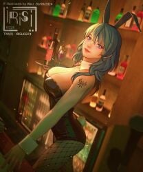 1girls alcohol alternate_costume arm_tattoo ass bar big_ass blue_eyes bunny_ears bunny_girl bunny_tail bunnysuit byleth_(fire_emblem) byleth_(fire_emblem)_(female) cleavage crest_(fe3h) female female_only fire_emblem fire_emblem:_three_houses fishnet_legwear fishnets hair_between_eyes indoors irisl large_breasts leotard looking_at_viewer medium_hair nintendo smile solo tattoo teal_hair waitress wine wine_bottle wine_glass