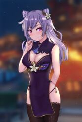 1girls birthday blush breasts china_dress cleavage date female female_only genshin_impact keqing_(genshin_impact) loincloth looking_at_viewer night panties revealing_clothes shopping smile string_panties thighhighs twintails