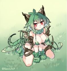 :3 all_fours cute duel_monster gijinka grass large_breasts naturia_beast paw_gloves paw_shoes personification red_eyes signature twitter_username yu-gi-oh!