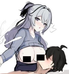 1boy adam_(honkai_impact) ahoge bar_censor black_hair blush breastfeeding breasts bronya_zaychik bronya_zaychik_(outstanding_attitude) bronya_zaychik_(silverwing:_n-ex) censored cum female grey_eyes grey_hair grey_sweater honkai_(series) honkai_impact_3rd large_breasts long_hair long_sleeves mini2chainz no_bra nursing_handjob open_mouth paid_reward_available short_hair simple_background straight sweater very_long_hair white_background