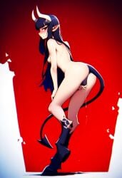 ai_generated black_hair cookie-girl demon_girl demon_horns demon_tail digitigrade equine_pussy from_behind from_behind_position hooves horns horsepussy long_hair looking_at_viewer looking_back looking_back_at_viewer lucie_(oc) medium_breasts naked original_character pointy_ears presenting_anus presenting_ass presenting_pussy pussy_juice red_eyes simple_background