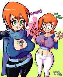 2girls ben_10 ben_tennyson between_breasts big_breasts breast_expansion breasts cleavage el_rincon_de_amber english_text female future_gwen green_eyes grey_matter gwen_tennyson huge_breasts male multiple_girls orange_hair red_hair text