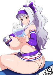 ass ass_cleavage bangs bare_shoulders blunt_bangs blush bottle breasts butt_crack cheerleader covered_nipples detached_sleeves female grey_hair idolmaster jabara_tornado large_breasts long_hair looking_at_viewer microskirt pasties pleated_skirt ponytail purple_eyes shijou_takane sitting skirt smile solo sweat thong visor_cap