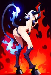 ai_generated atriel_(oc) blue_fire cookie-girl demon_girl demon_horns demon_tail digitigrade equine_pussy from_behind from_behind_position hooves horns horsepussy long_hair looking_at_viewer looking_back looking_back_at_viewer masturbation medium_breasts naked on_fire original_character pointy_ears presenting_anus presenting_ass presenting_pussy purple_eyes pussy_juice simple_background smirk smirking_at_viewer white_hair