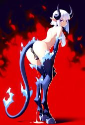 ai_generated atriel_(oc) blue_fire cookie-girl demon_girl demon_horns demon_tail digitigrade equine_pussy from_behind from_behind_position hooves horns horsepussy long_hair looking_at_viewer looking_back looking_back_at_viewer medium_breasts naked on_fire original_character pointy_ears presenting_anus presenting_ass presenting_pussy purple_eyes pussy_juice simple_background smirk smirking_at_viewer white_hair