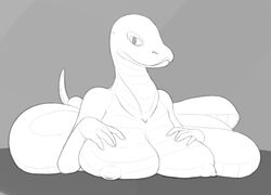 anthro areola big_breasts breast_squish breasts female hand_on_breast monochrome nipples reptile scalie snake solo squish zokva