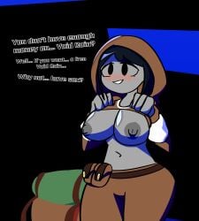 1girls 2d 2d_(artwork) 2d_artwork artist_request bag breasts breasts_out clothed dialogue english_text hoodie mari_(sol's_rng) merchant roblox roblox_game robloxian shirt_lift sol's_rng source_request tagme text