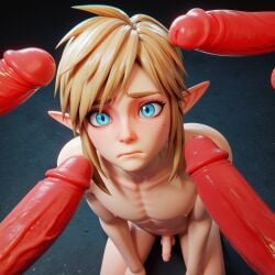 3d_(artwork) ai_assisted blonde_hair blue_eyes, femboy gay link naked_male penis_size_difference small_penis surrounded_by_penises veiny_penis