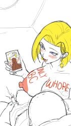 android_18 big_breasts blonde_hair blowjob blue_eyes blush body_writing cuckold dark-skinned_male dominant_female dragon_ball dragon_ball_z fellatio femdom humiliation krillin kuririn laying_down laying_on_bed light-skinned_female light-skinned_male n92go netorare non-canonical_penis ntr phone phone_screen small_penis small_penis_humiliation smile