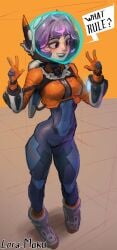 1girls astronauts blizzard_entertainment breasts clothed clothing color english_text female female_focus female_only hi_res juno_(overwatch) light-skinned_female light_skin lord_moku overwatch overwatch_2 purple_hair red_eyes short_hair solo solo_female tagme text text_bubble thick_thighs