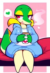 ai_generated anthro beverage blush clothed clothing coffee cup eyelashes female furniture generation_5_pokemon heart hellsonger hi_res holding_object hoodie nintendo open_mouth pokemon pokemon_(species) red_eyes reptile scalie simple_background sitting snivy solo topwear