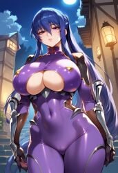 2d ai_generated akiyama_rinko big_breasts blue_hair bodysuit cleavage cleavage_cutout female female_focus hellblueboy4 long_hair outdoors skin_tight solo solo_female solo_focus tagme taimanin_(series) underboob