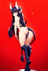 ai_generated black_hair cookie-girl demon_girl demon_horns demon_tail digitigrade equine_pussy from_behind from_behind_position hooves horns horsepussy long_hair looking_at_viewer looking_back looking_back_at_viewer lucie_(oc) medium_breasts naked original_character pointy_ears presenting_anus presenting_ass presenting_pussy pussy_juice red_eyes simple_background smirk smirking_at_viewer