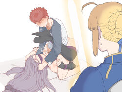 1boy 2girls ahoge anger_vein artoria_pendragon banned_artist bar_censor barefoot blindfold blonde_hair blush boots bottomless braid braided_bun censored collarbone detached_sleeves dress emiya_shirou facial_mark fate/stay_night fate_(series) feet fellatio forehead_mark heart long_hair low-tied_long_hair medusa_(fate) mo_(kireinamo) multiple_girls open_mouth oral orange_hair penis pillow purple_hair raglan_sleeves ribbon saber shaded_face short_hair sidelocks small_penis small_penis_adoration strapless strapless_dress sweat sweater sword thigh_boots thighhighs very_long_hair view_facing_male visible_air weapon