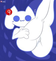 absurd_res anthro ass bodily_fluids clyde_(discord) demon3sigma discord discord_(app) felid feline female fur genital_fluids genitals hi_res looking_at_viewer mammal owo pussy simple_background solo thick_thighs white_body white_fur