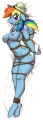 2016 absurd_res anthro anthrofied areola armor biped bondage bound breasts clothing cutie_mark dakimakura dakimakura_design equid equine feathered_wings feathers female file friendship_is_magic hair hasbro hat hat_only headgear headgear_only headwear headwear_only helmet hi_res looking_at_viewer lying mammal moonlitbrush_(artist) mostly_nude multicolored_hair my_little_pony mythological_creature mythological_equine mythology nail_file nipples open_mouth pegasus pith_helmet purple_eyes rainbow_dash_(mlp) rainbow_hair restraints rope rope_bondage solo submissive submissive_female wings