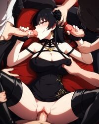 1girls 3boys ai-kun ai_generated black_hair black_outfit clothed_sex fellatio gangbang groping handjob large_breasts sex shocked shocked_expression spy_x_family suprised surprised yor_briar