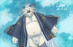 2020 absurd_res anthro asian_clothing barely_visible_genitalia barely_visible_penis belly bulge cai1448331577 clothing dragon east_asian_clothing fundoshi fur genitals hi_res japanese_clothing kemono lying male male_only navel overweight overweight_male penis robe solo underwear white_body white_fur