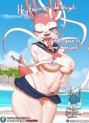 anthro bag beach bow bowtie burgerkiss eeveelution english english_text faceless faceless_character female game_freak glaceon japanese_clothes japanese_school_uniform nintendo partially_clothed partially_nude partially_undressed partly_clothed pokémon_(species) pokemon pokemon_(species) school_uniform shorts skirt solo solo_female solo_focus sweat sweatdrop sylveon text text_bubble tiny_skirt train underboob watermark wet_clothes wide_thighs