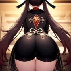 ai_generated ass ass_focus black_shorts brown_hair bubble_butt chinese_clothes coattails female from_behind genshin_impact hu_tao_(genshin_impact) leaning leaning_forward long_hair shiny shiny_clothes shiny_hair shiny_skin short_shorts shorts solo twintails very_long_hair vision_(genshin_impact)