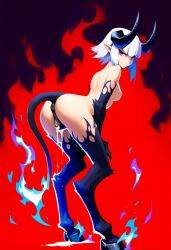 ai_generated atriel_(oc) blue_fire cookie-girl demon_girl demon_horns demon_tail digitigrade equine_pussy from_behind from_behind_position hooves horns horsepussy long_hair looking_at_viewer looking_back looking_back_at_viewer medium_breasts naked on_fire original_character pointy_ears presenting_anus presenting_ass presenting_pussy purple_eyes pussy_juice simple_background smirk smirking_at_viewer white_hair