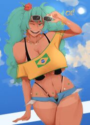 1girls ass big_ass big_breasts big_thighs bikini brazil brazilian brazilian_female brazilian_miku breasts cyan_eyes cyan_hair female female_only hatsune_miku huge_ass huge_breasts huge_thighs latin_american_hatsune_miku_(meme) long_hair looking_at_viewer pubic_hair shirt shorts smoxul solo tagme tan tan_body thick_hips thick_thighs thighs thong twintails vocaloid yellow_shirt