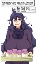 1girls alternate_breast_size big_breasts cute goth goth_girl gothic hex_maniac huge_breasts human large_breasts light-skinned_female light_skin long_hair milk milk_bottle nintendo pokemon pokemon_xy purple_hair setawar_(coco) text top_heavy voluptuous