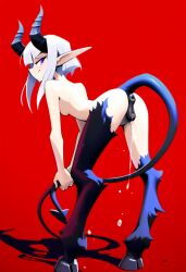 ai_generated atriel_(oc) cookie-girl demon_girl demon_horns demon_tail digitigrade equine_pussy from_behind from_behind_position hooves horns horsepussy long_hair looking_at_viewer looking_back looking_back_at_viewer medium_breasts naked original_character pointy_ears presenting_anus presenting_ass presenting_pussy purple_eyes pussy_juice simple_background smirk smirking_at_viewer white_hair