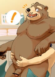 ! 2020 anthro balls belly blush brown_body brown_fur duo flaccid fur genitals hi_res hug hugging_from_behind human kemono kotori male male_only mammal moobs navel nipples overweight overweight_male penis towel ursid