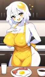 ai_generated apron black_eyes breakfast breasts coffee covered_nipples egg egg_(lemyawn) food_creature heart kitchen knightnyan looking_at_viewer milk naked_apron open_mouth short_hair thighs white_hair white_skin yellow_apron