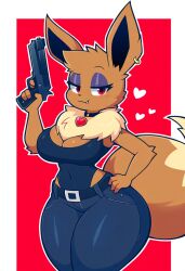 1girl 1girls 2024 2024s absurd_res ai_generated anthro anthrofied belt big_breasts bottomwear breasts canid canine choker cleavage clothed clothing cute_fangs ear_piercing ear_ring eevee eyelashes female female_focus female_only fur furry furry_female game_freak gen_1_pokemon generation_1_pokemon gun hand_on_hip handgun heart hearts hellsonger hi_res holding_object holding_weapon jewelry looking_at_viewer mammal necklace nintendo pants piercing pokémon_(species) pokemon pokemon_(creature) pokemon_(franchise) pokemon_(game) pokemon_(species) pokemon_rgby pokemorph ranged_weapon red_background red_eyes solo tail thick_thighs thighs tuft weapon wide_hips