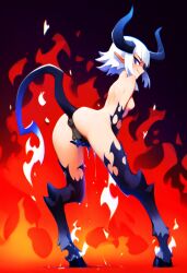 ai_generated atriel_(oc) blue_fire cookie-girl demon_girl demon_horns demon_tail digitigrade equine_pussy from_behind from_behind_position hooves horns horsepussy long_hair looking_at_viewer looking_back looking_back_at_viewer masturbation medium_breasts naked on_fire original_character pointy_ears presenting_anus presenting_ass presenting_pussy purple_eyes pussy_juice simple_background smirk smirking_at_viewer white_hair