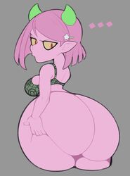 2020 angry ass ass_focus big_ass bottom_heavy bottomless bra breasts bubble_butt comet_(vammzu) grabbing_own_ass huge_ass hyper hyper_ass hyper_butt large_ass looking_at_ass looking_back mostly_nude pink_hair pink_skin plump plump_ass short_hair shortstack sideboob simple_background thick_ass thick_thighs vammzu wide_hips yellow_sclera